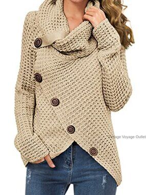Chunky Knit Cowl Neck Cross Wrap Pullover Sweater Acrylic Womens Fall Winter